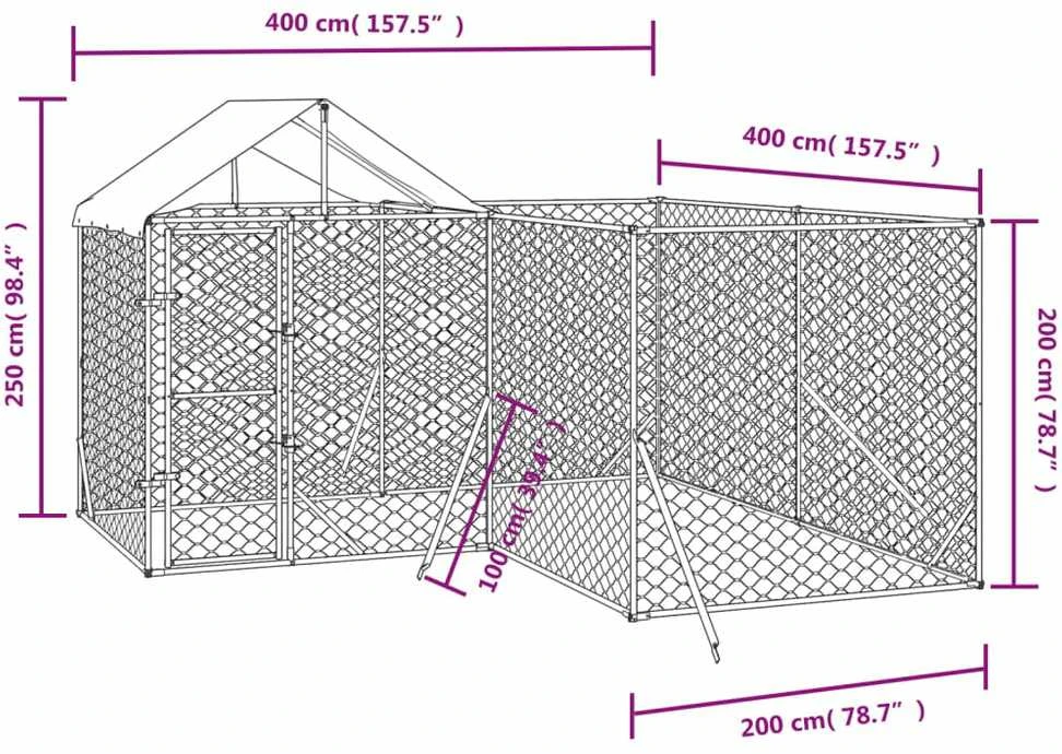 Lauko voljeras šunims su stogu, sidabrinis, 4x4x2,5m, plienas