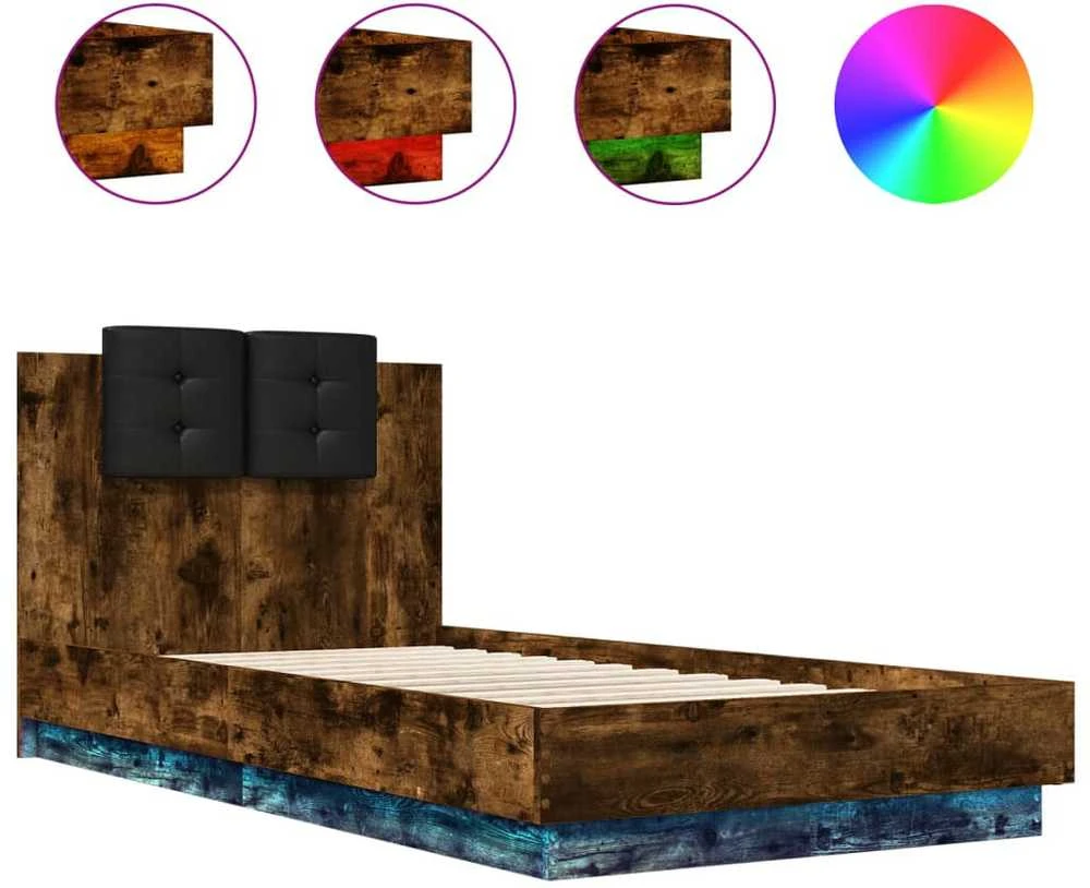 Lovos rėmas su galvūgaliu ir LED lemputėmis, dūminis, 90x190cm