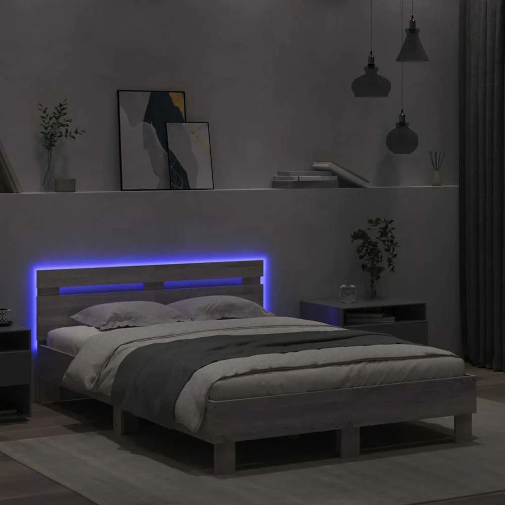 Lova Lovos rėmas su galvūgaliu ir LED, pilkas ąžuolo, 135x190cm