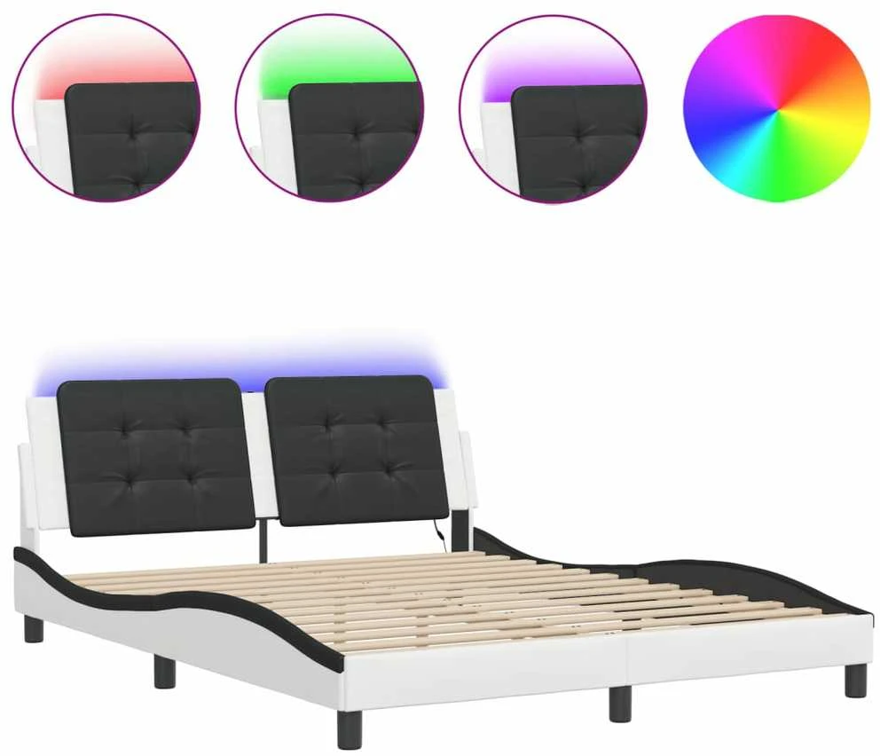Lovos rėmas su LED, baltas ir juodas, 160x200cm, dirbtinė oda
