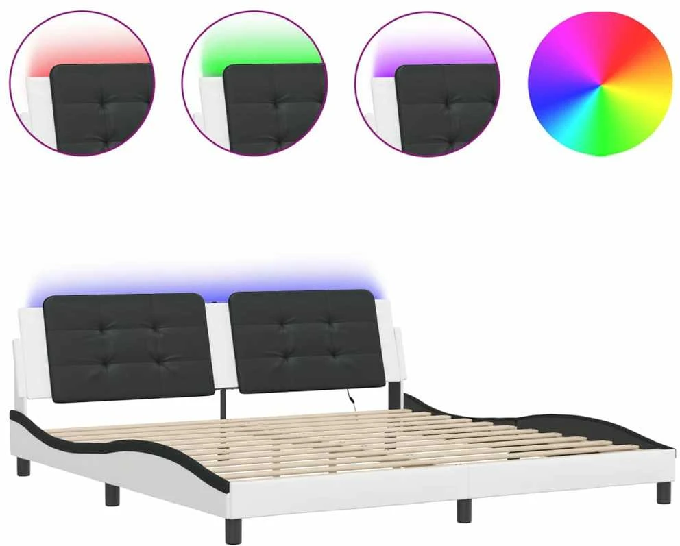 Lovos rėmas su LED, baltas ir juodas, 200x200cm, dirbtinė oda