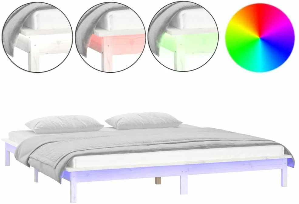 Lovos rėmas su LED, baltos spalvos, 140x190cm, medienos masyvas