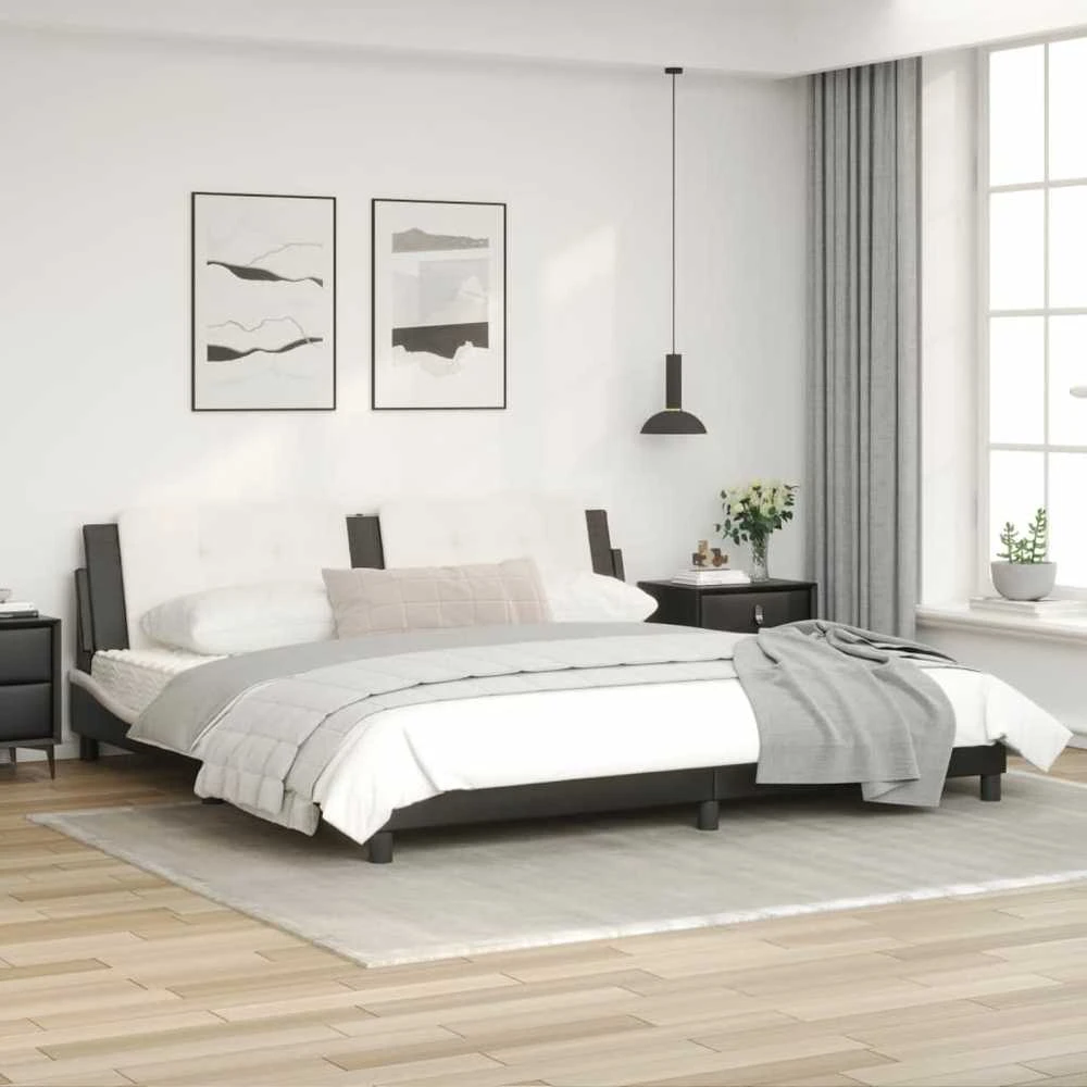 Lovos rėmas su LED, juodas ir baltas, 200x200cm, dirbtinė oda