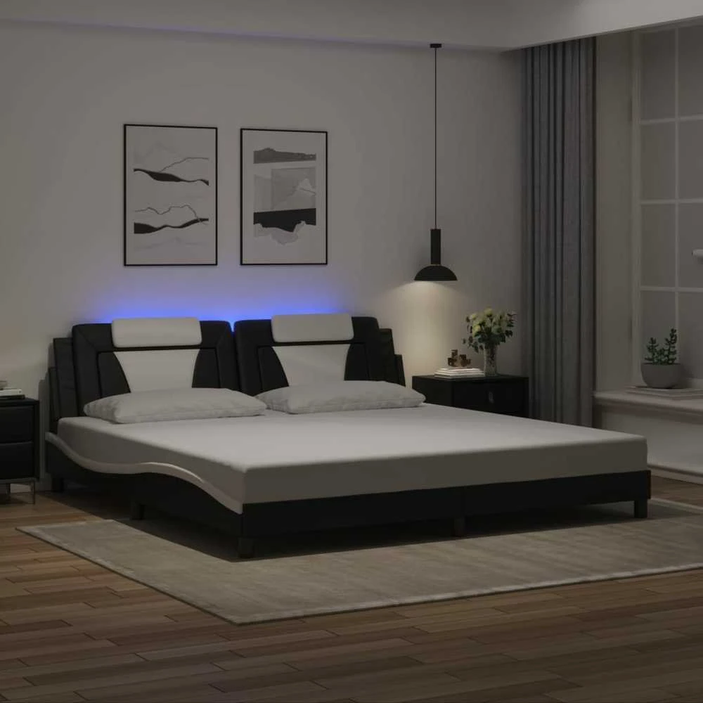 Lovos rėmas su LED, juodas ir baltas, 200x200cm, dirbtinė oda