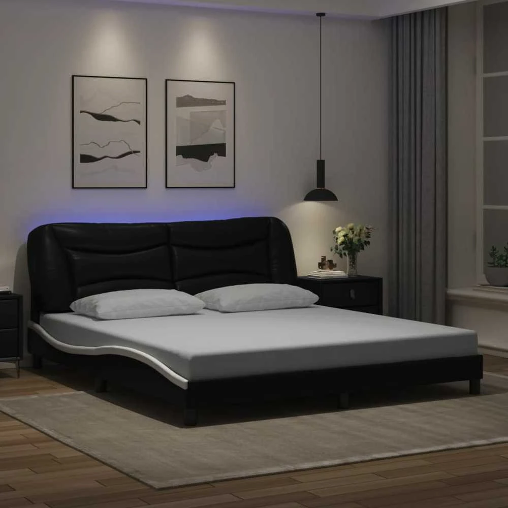 Lovos rėmas su LED, juodas ir baltas, 180x200cm, dirbtinė oda