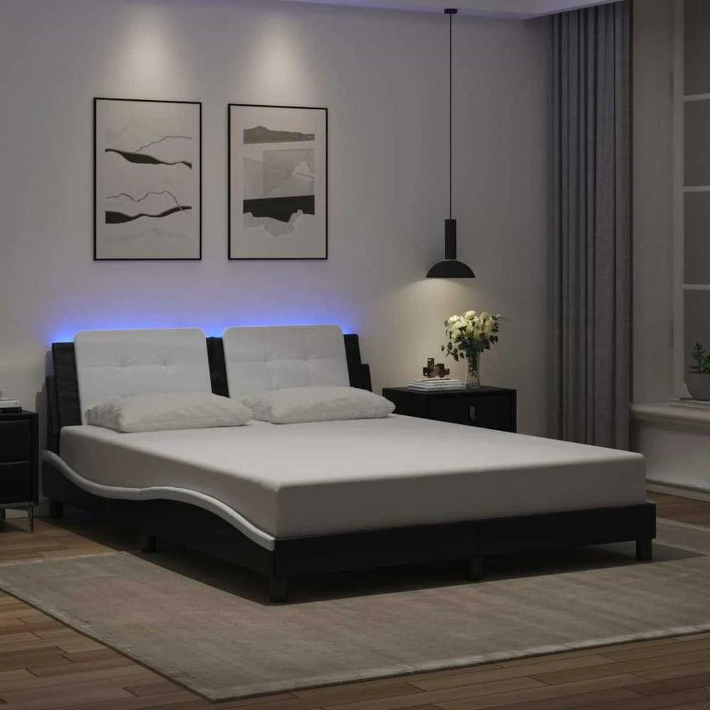 Lovos rėmas su LED, juodas ir baltas, 160x200cm, dirbtinė oda