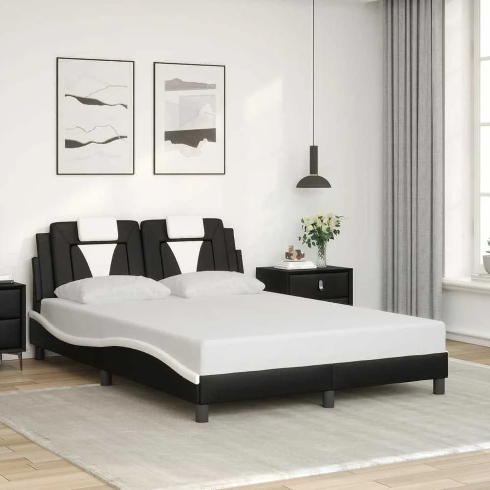 Lovos rėmas su LED, juodas ir baltas, 120x200cm, dirbtinė oda