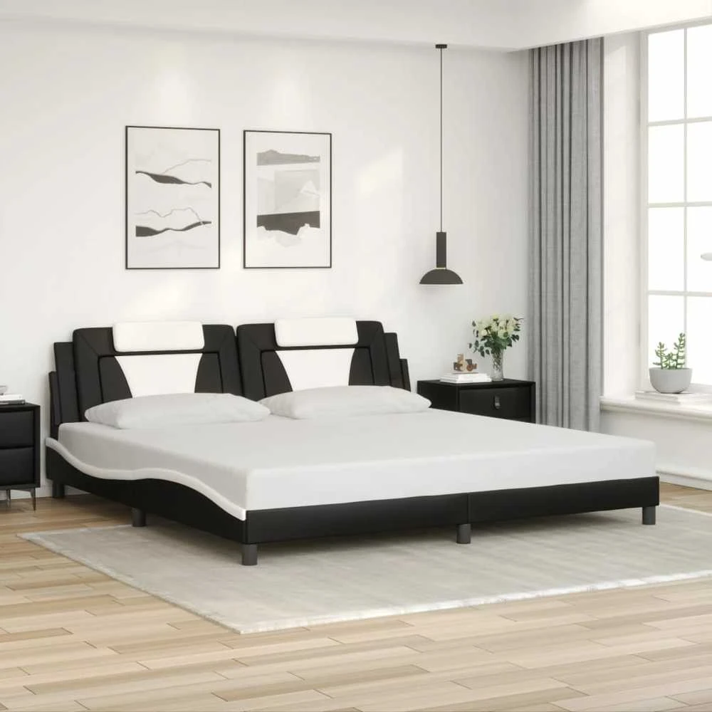 Lovos rėmas su LED, juodas ir baltas, 200x200cm, dirbtinė oda