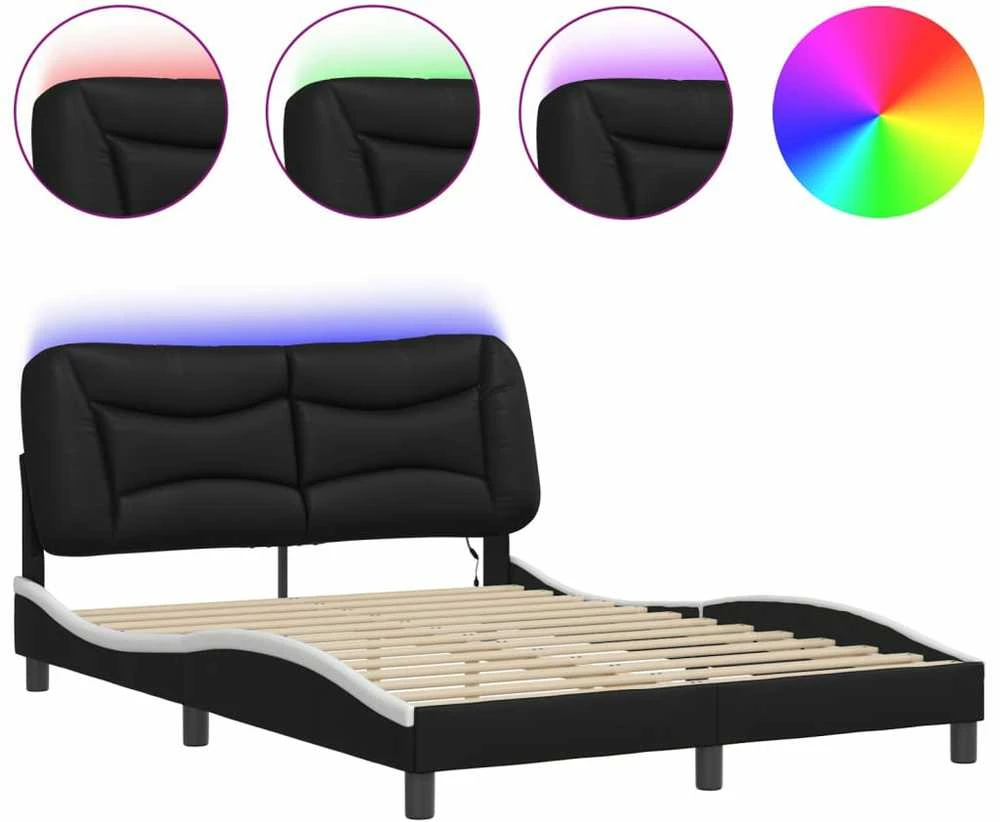 Lovos rėmas su LED, juodas ir baltas, 140x200cm, dirbtinė oda