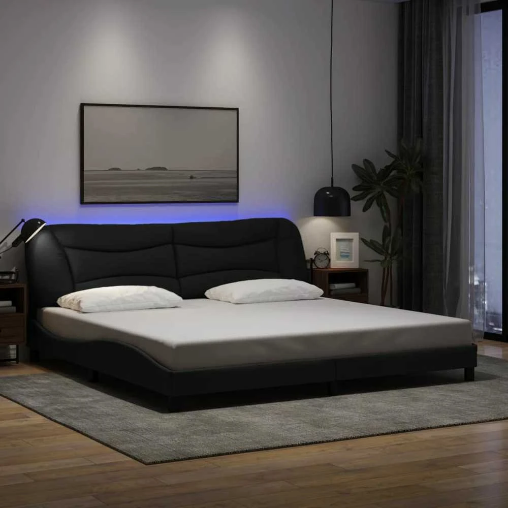 Lovos rėmas su LED, juodos spalvos, 200x200cm, audinys