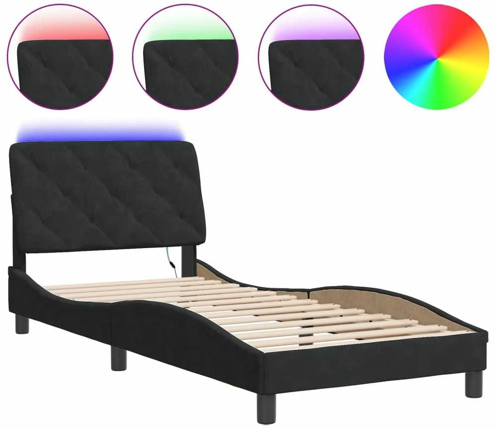 Lovos rėmas su LED, juodos spalvos, 90x190cm, aksomas