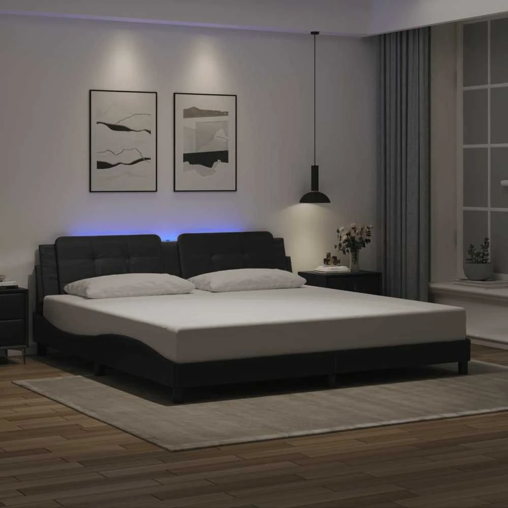 Lovos rėmas su LED, juodos spalvos, 200x200cm, dirbtinė oda