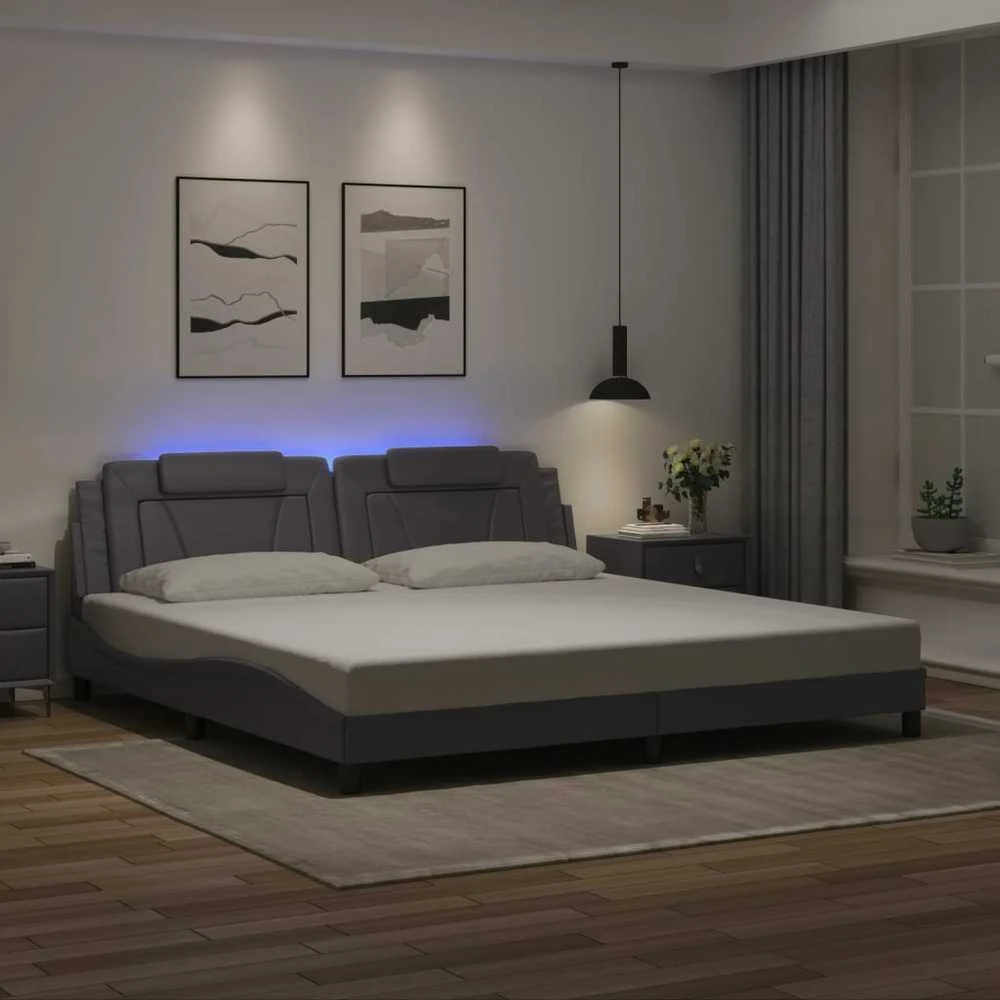 Lovos rėmas su LED, pilkos spalvos, 200x200cm, dirbtinė oda
