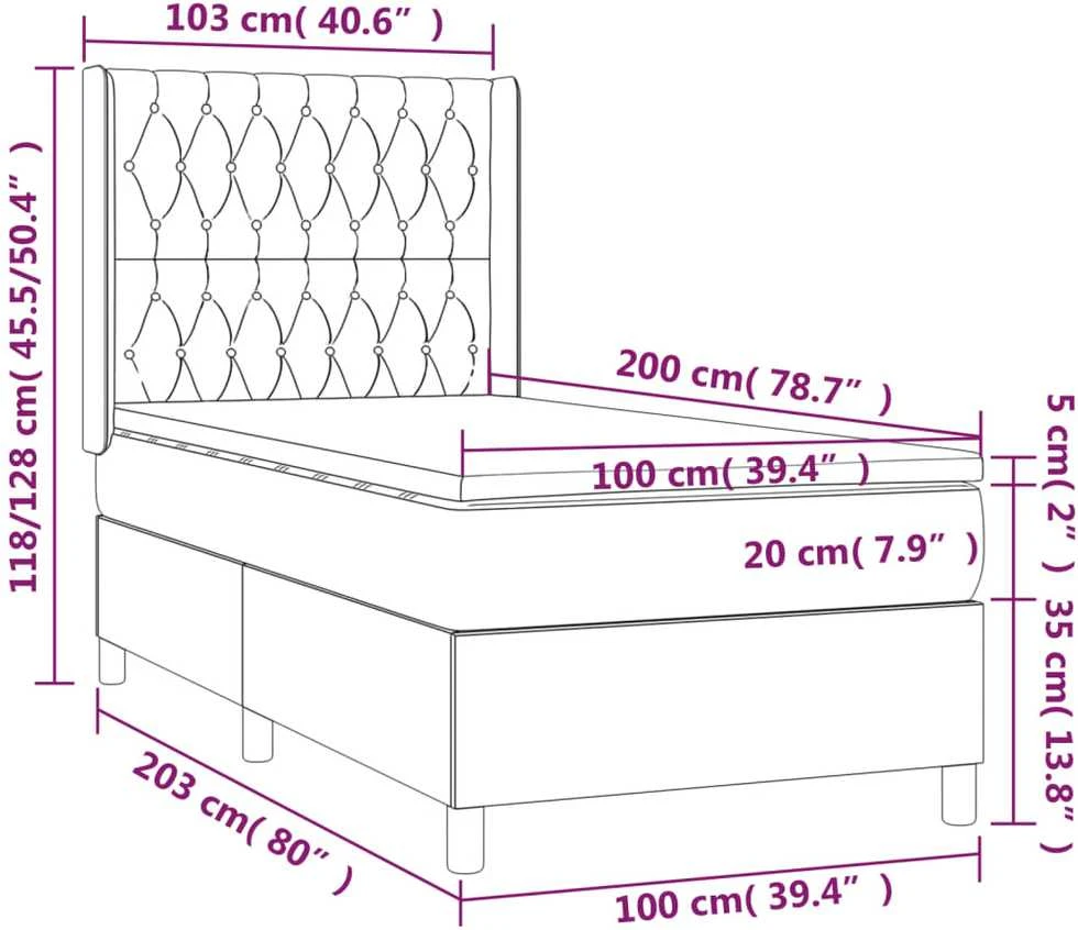 Lova su spyruoklėmis/čiužiniu/LED, juoda, 100x200cm, aksomas