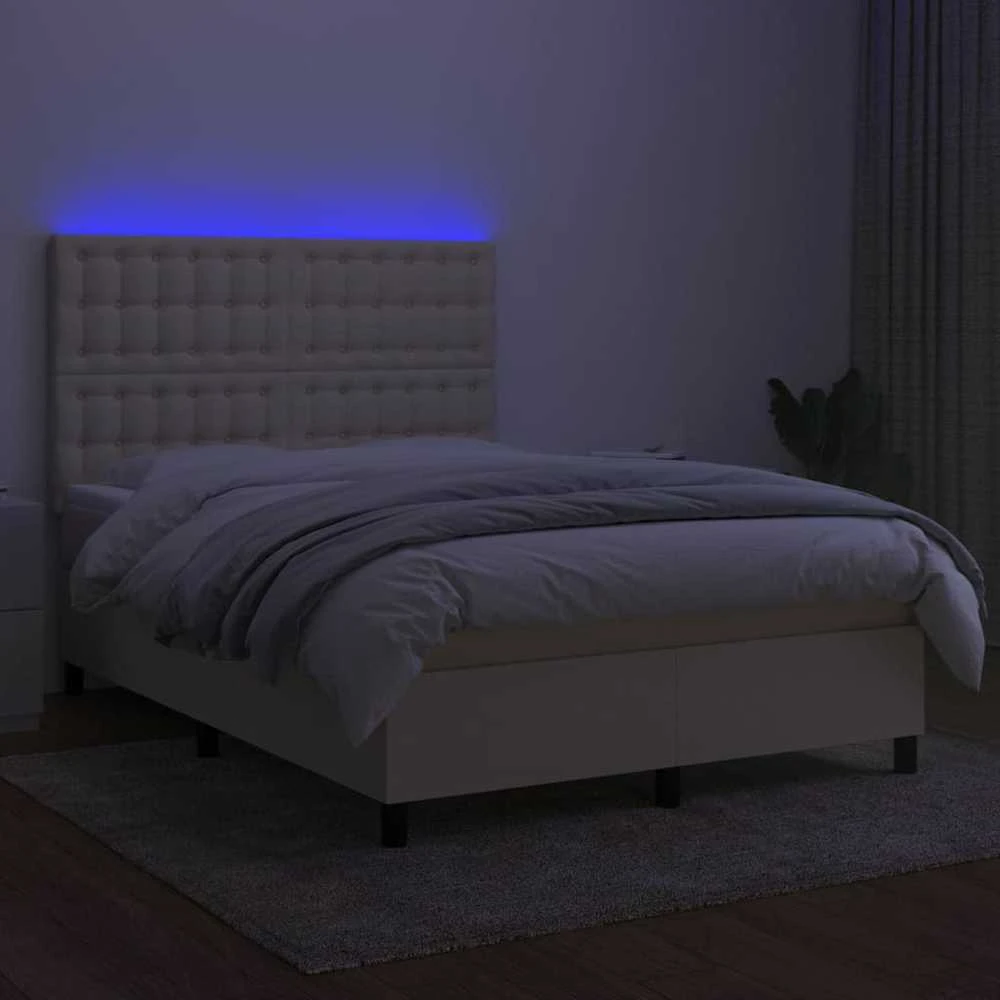 Lova su spyruoklėmis/čiužiniu/LED, kreminė, 140x190 cm, audinys