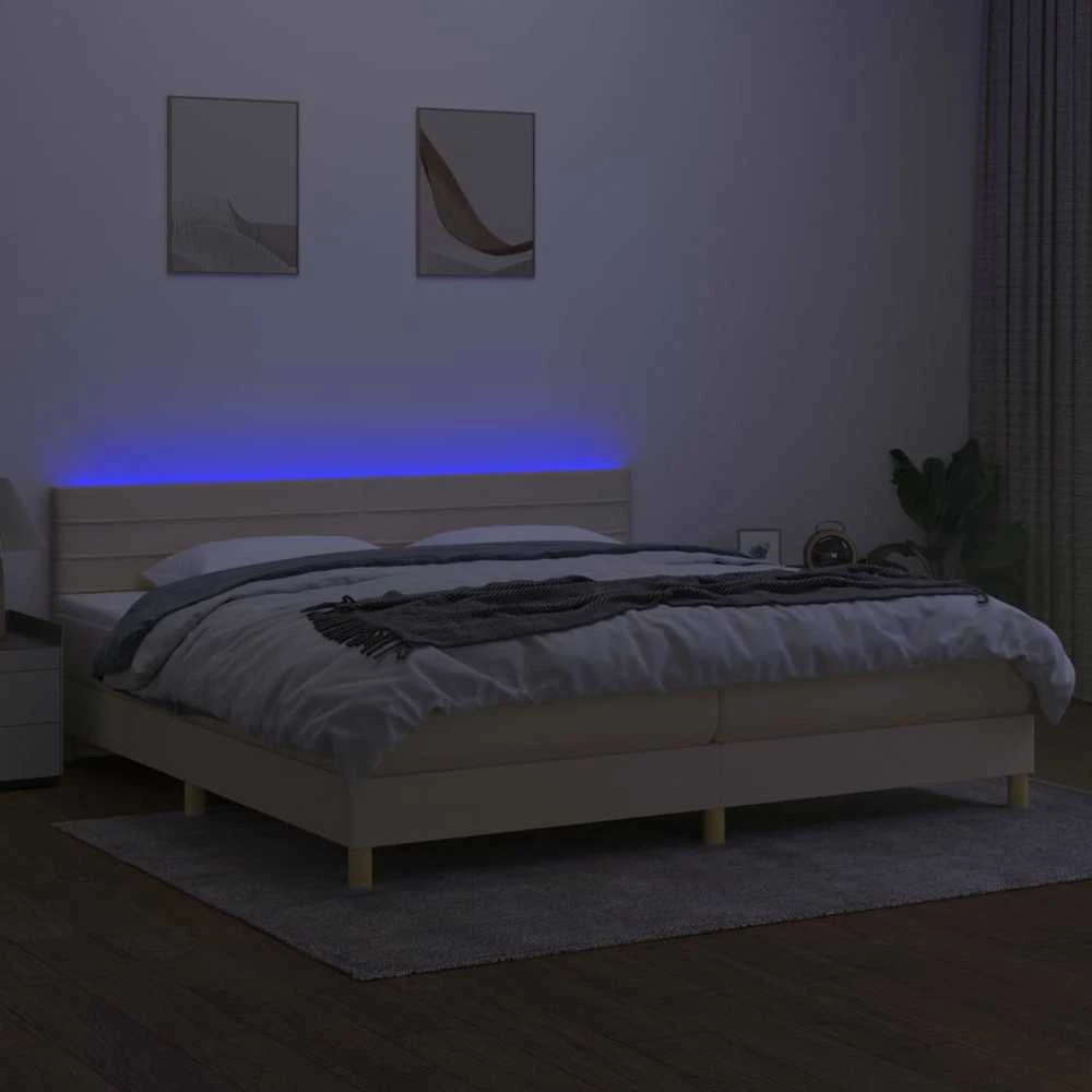 Lova su spyruoklėmis/čiužiniu/LED, kreminė, 200x200 cm, audinys