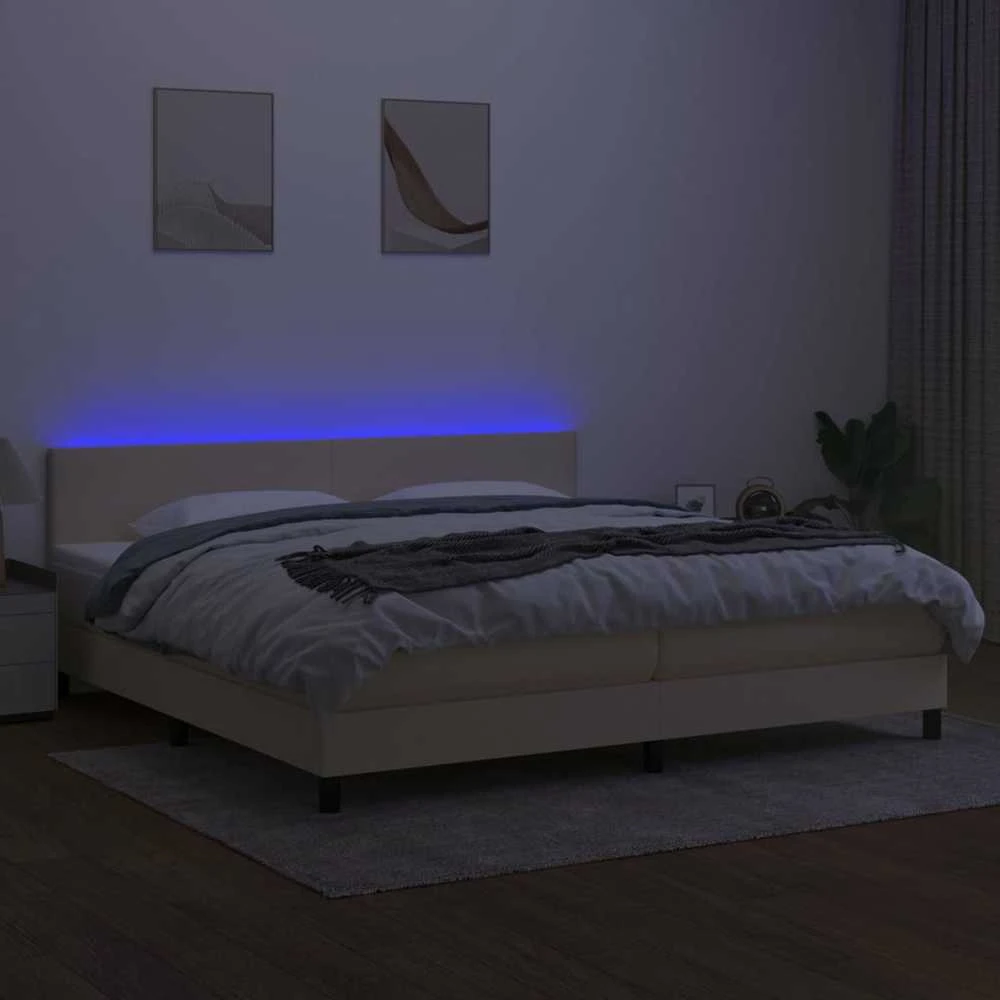 Lova su spyruoklėmis/čiužiniu/LED, kreminė, 200x200 cm, audinys