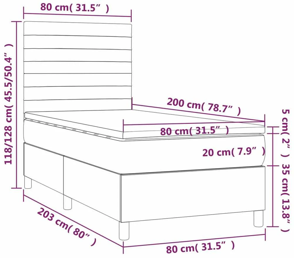Lova su spyruoklėmis/čiužiniu/LED, pilka, 80x200cm, aksomas