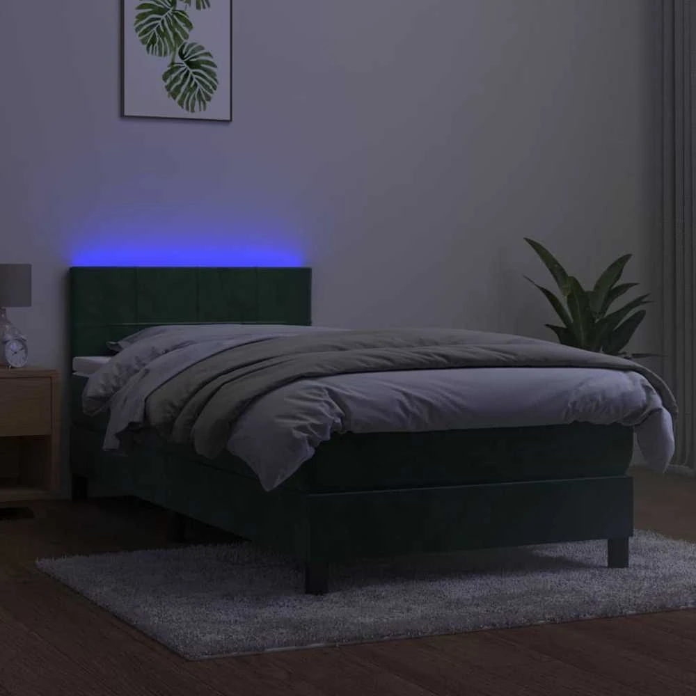 Lova su spyruoklėmis/čiužiniu/LED, žalia, 80x200cm, aksomas