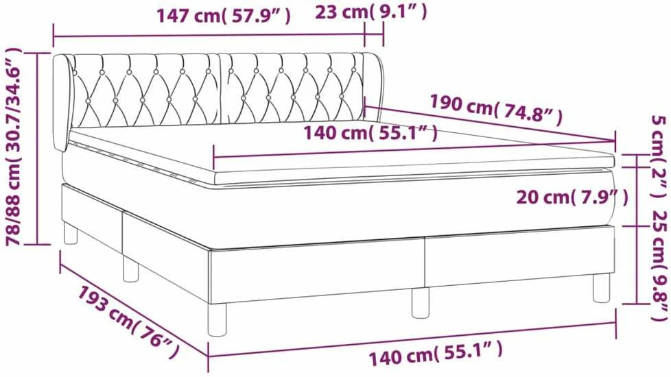 Lova su spyruoklėmis ir čiužiniu, pilka, 140x190 cm, aksomas