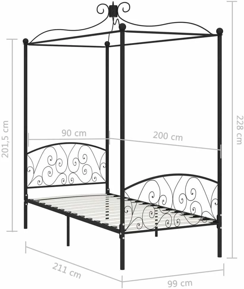 Lovos rėmas su baldakimu, juodos spalvos, 90x200cm, metalas