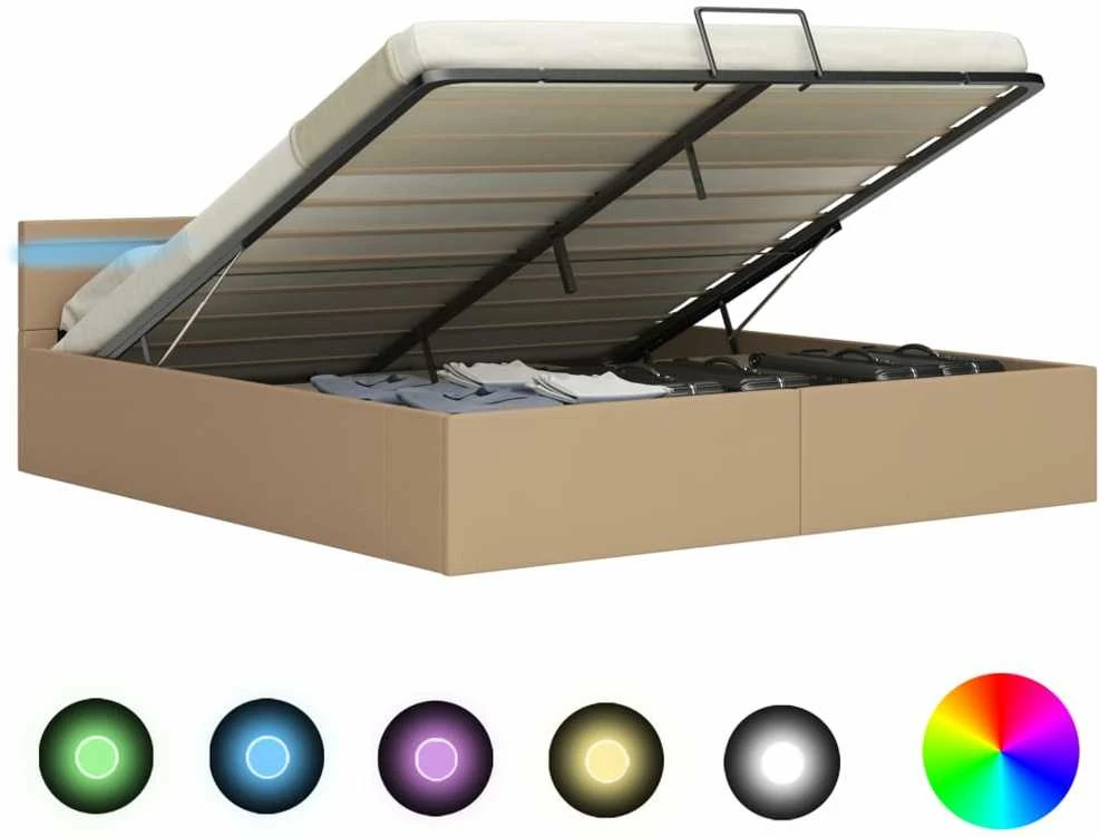 Lovos rėmas su LED/daiktadėže, rudas, 160x200cm, dirbtinė oda