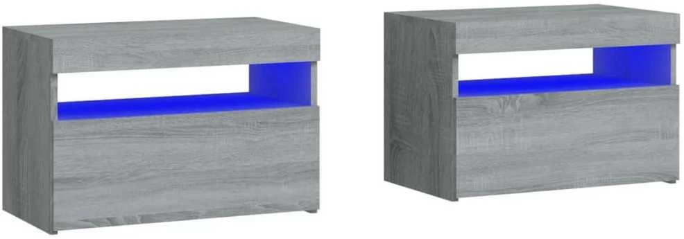 Naktinės spintelės su LED, 2vnt., pilkos ąžuolo, 60x35x40cm