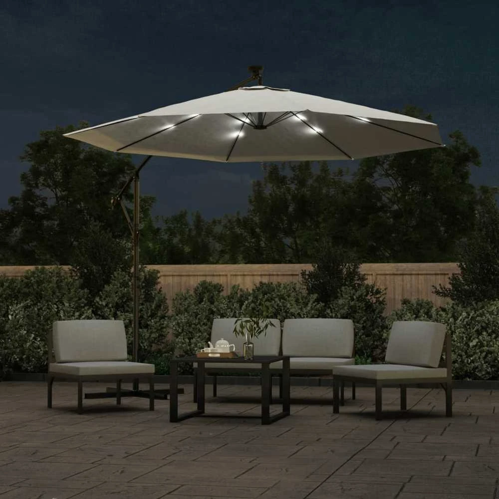 Pakabinamas skėtis su LED, smėlio, 300cm, metalinis kotas