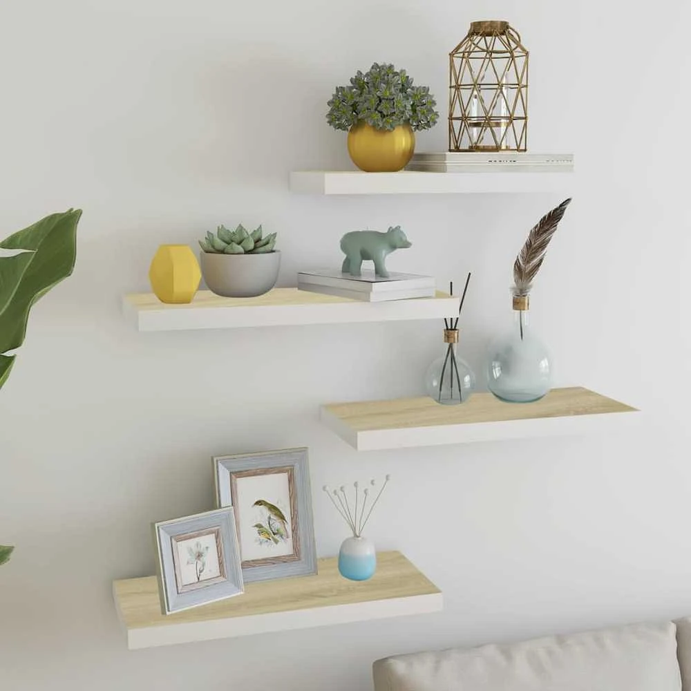 Pakabinamos lentynos, 4vnt., ąžuolo/baltos, 60x23,5x3,8cm, MDF