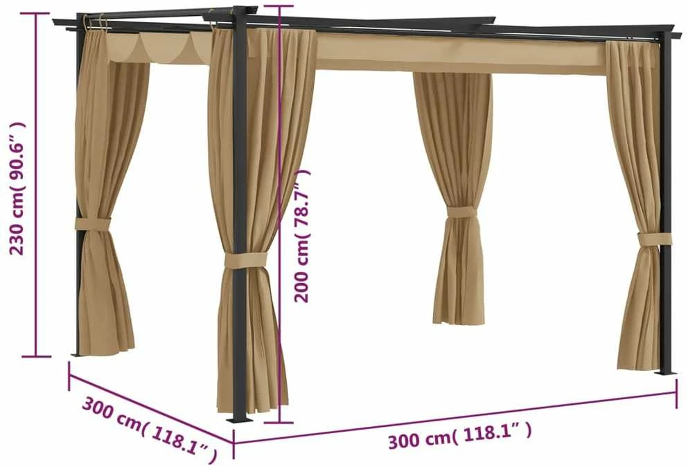Pavėsinė su užuolaidomis, taupe spalvos, 3x3m, plienas