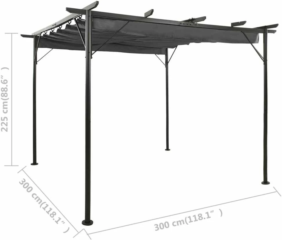 Pergolė su įtraukiamu stogu, antracito spalvos, 3x3m, plienas