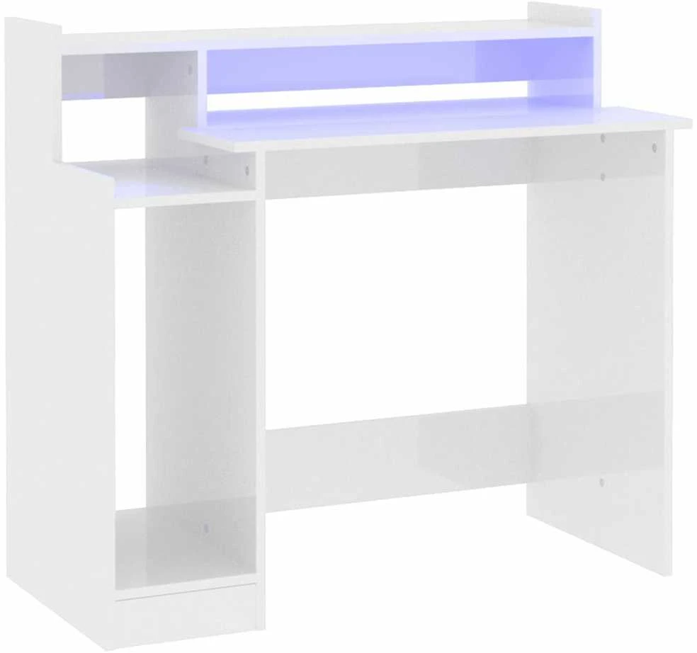Rašomasis stalas su LED, baltas, 97x45x90cm, mediena, blizgus