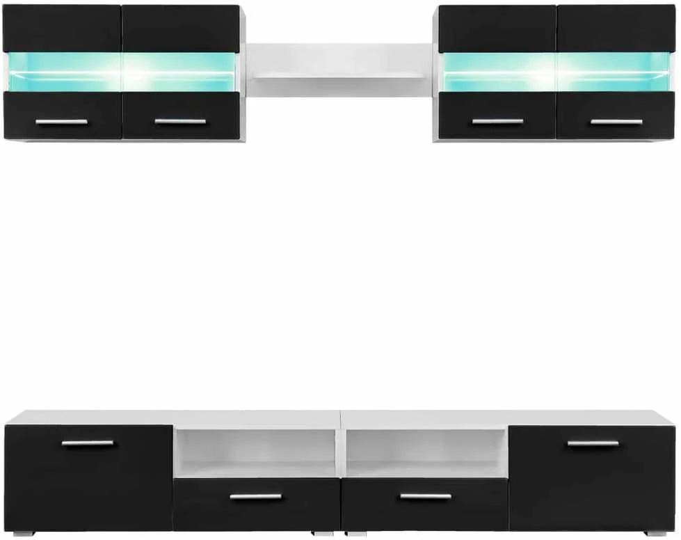 TV staliukas Sieninė TV sekcija su LED šviesomis, 5 d., blizgi, juoda