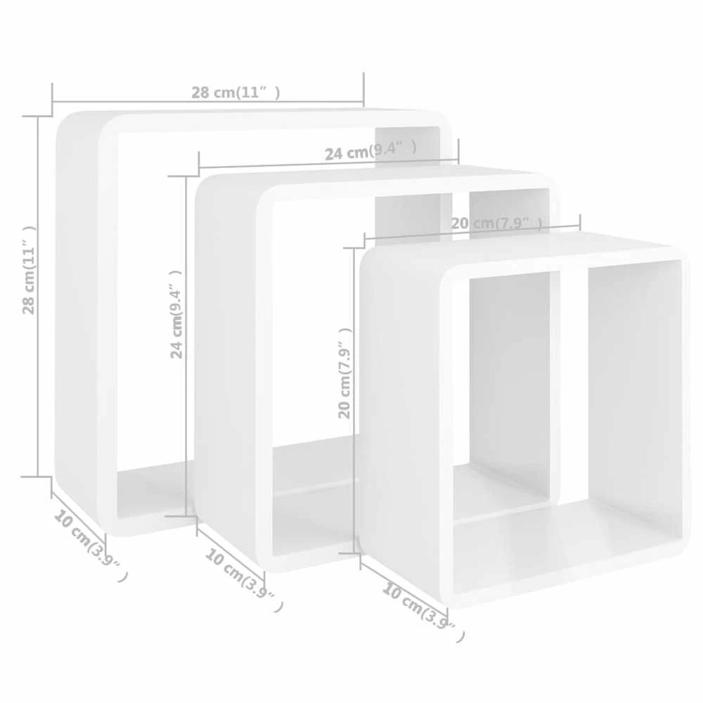 Sieninės lentynos, 3vnt., baltos spalvos, MDF, kubo formos