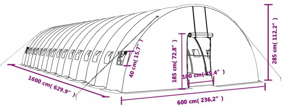 Šiltnamis su plieno rėmu, žalios spalvos, 16x6x2,85m, 96m²