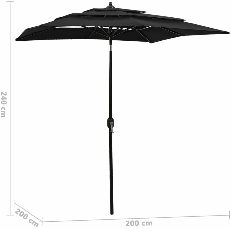 Sodo skėtis su aliuminio stulpu, juodas, 2x2m, 3 aukščių