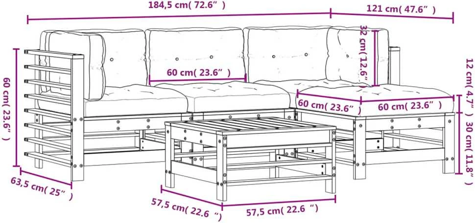 Lauko baldų komplektas Sodo komplektas su pagalvėlėmis, 5 dalių, baltas, mediena