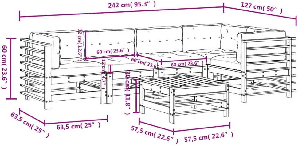 Lauko baldų komplektas Sodo komplektas su pagalvėlėmis, 6 dalių, baltas, mediena