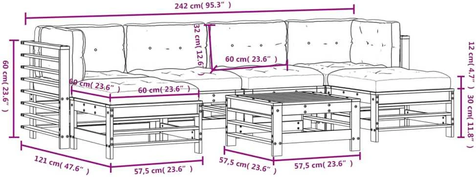 Lauko baldų komplektas Sodo komplektas su pagalvėlėmis, 7 dalių, baltas, mediena