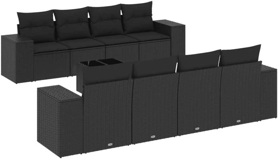Sofa Sodo komplektas su pagalvėlėmis, 9 dalių, juodas, poliratanas