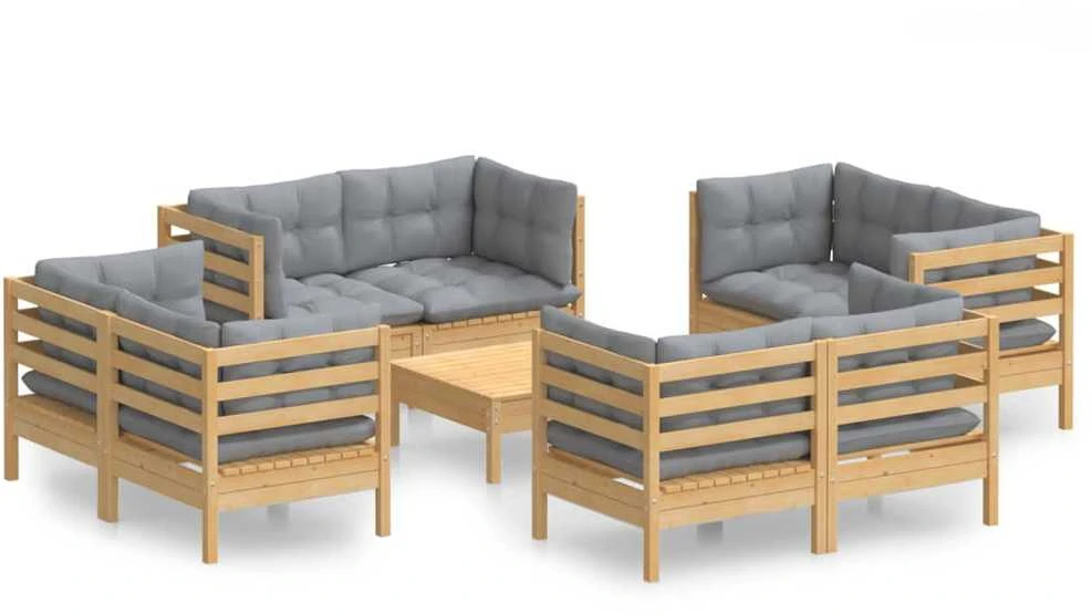 Lauko baldų komplektas Sodo komplektas su pilkomis pagalvėmis, 9 dalių, pušis