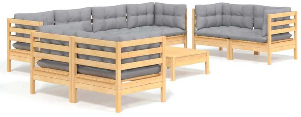 Lauko baldų komplektas Sodo komplektas su pilkomis pagalvėmis, 9 dalių, pušis