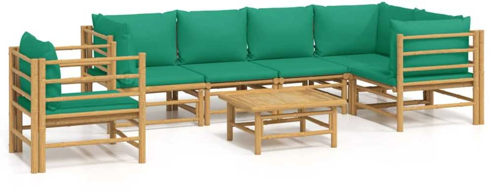 Lauko baldų komplektas Sodo komplektas su žaliomis pagalvėlėmis, 7 dalių, bambukas