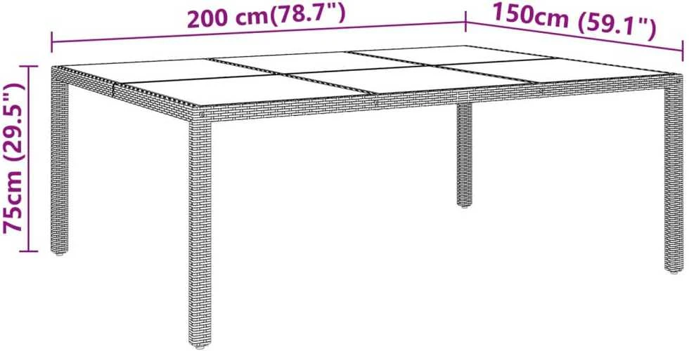 Sodo stalas, pilkas, 200x150x75cm, stiklas/poliratanas