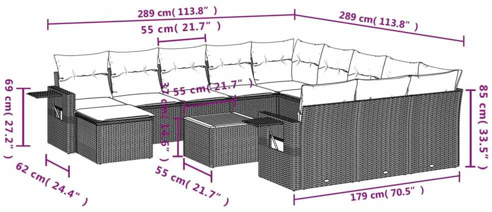 Sofa Sofos komplektas su pagalvėlėmis, 13 dalių, smėlio, poliratanas