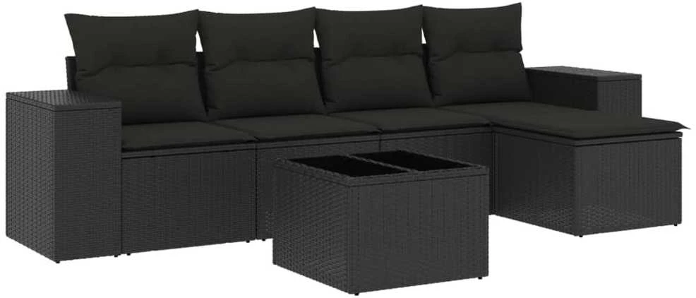 Sofa Sofos komplektas su pagalvėlėmis, 6 dalių, juodas, poliratanas