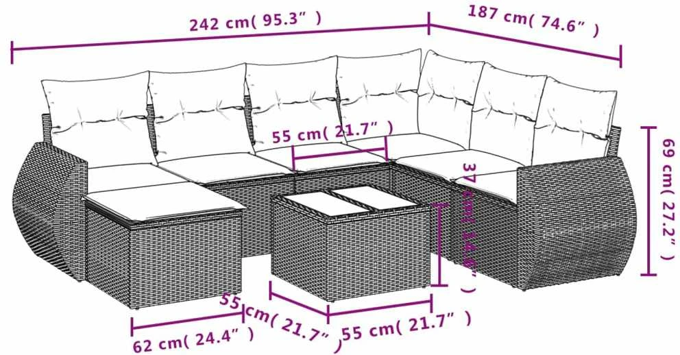 Sofa Sofos komplektas su pagalvėlėmis, 8 dalių, smėlio, poliratanas