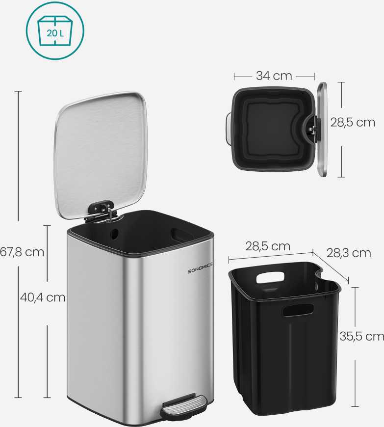 Songmics 20 litrų plieninė šiukšlių dėžė metallic sidabrinis