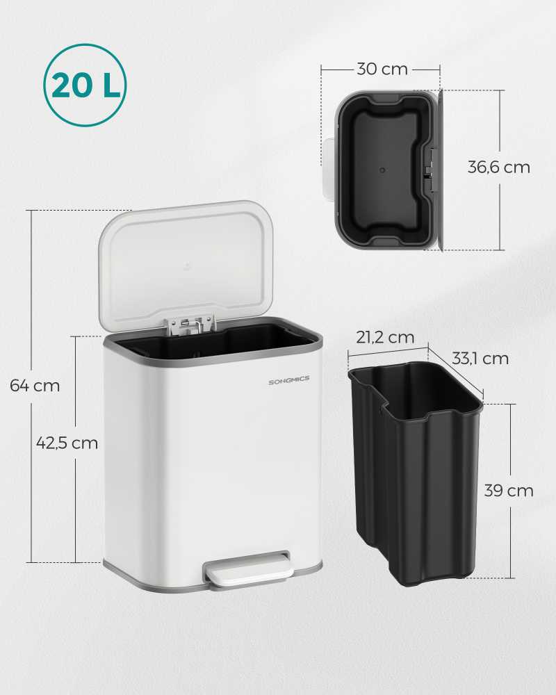Songmics 20 litrų talpos šiukšliadėžė su dangčiu sidabrinės spalvos metaliku