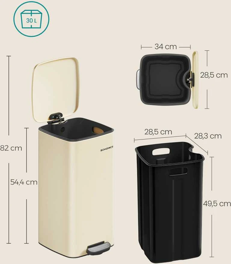 Songmics 30 litrų plieninė šiukšliadėžė smėlio smėlio spalvos